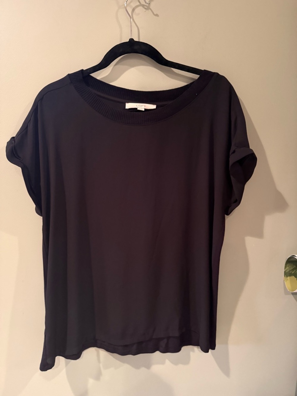 LOFT Black Short Sleeve Elevated Drapey Crewneck Top